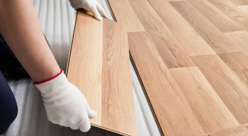 Laminate flooring in a bright, contemporary American living room