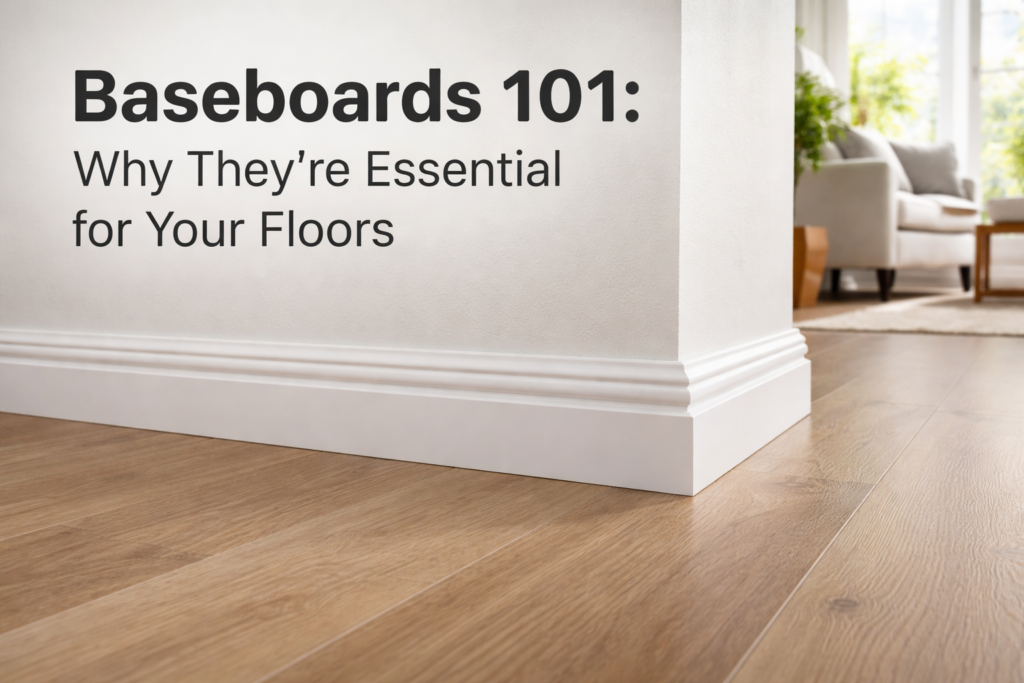White baseboards installed along the edge of light wood laminate flooring in a modern interior, showing a clean and seamless wall-to-floor transition.